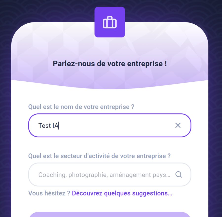 L'assistant de création : « Parlez-nous de votre entreprise », avec les champs nom de l'entreprise et secteur d'activité